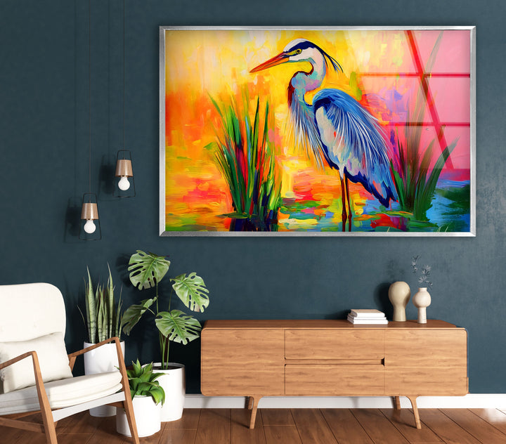 Lebendiger Reiher – Abstrakte Farbspritzer-Glaswandkunst