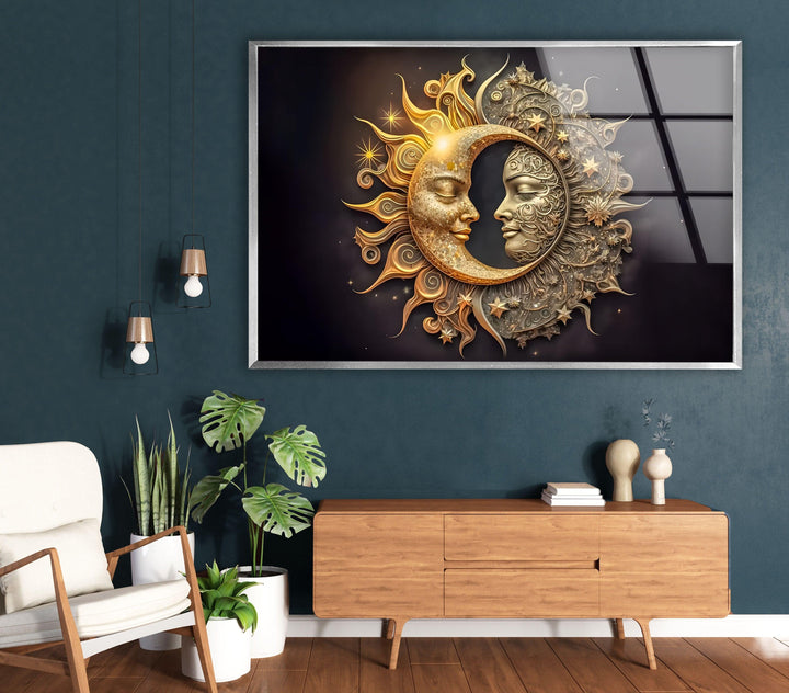 Sun With Moon Like Gothic Mode Glass Wall Art stained glass wall art, stained glass wall decor
