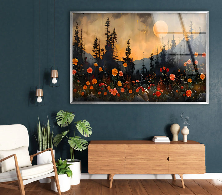 Full Moon & Flowers Glass Wall Art large glass photo prints, glass wall photos
