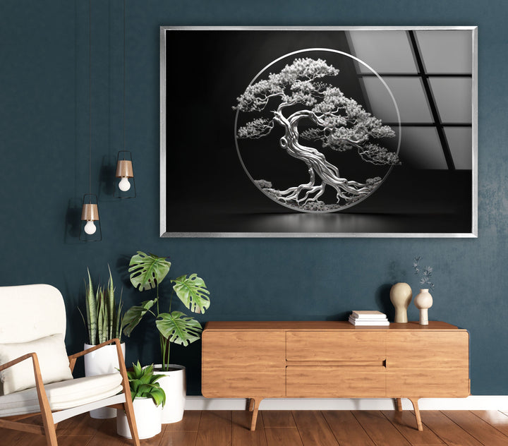 Bonsai Tree Silver Glass Wall Art print picture on glass, Tempered Glass Wall Art
