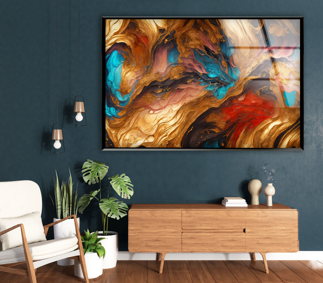Fiery Gold & Teal Abstract Wall Art – Fluid Ink Design for Interiors