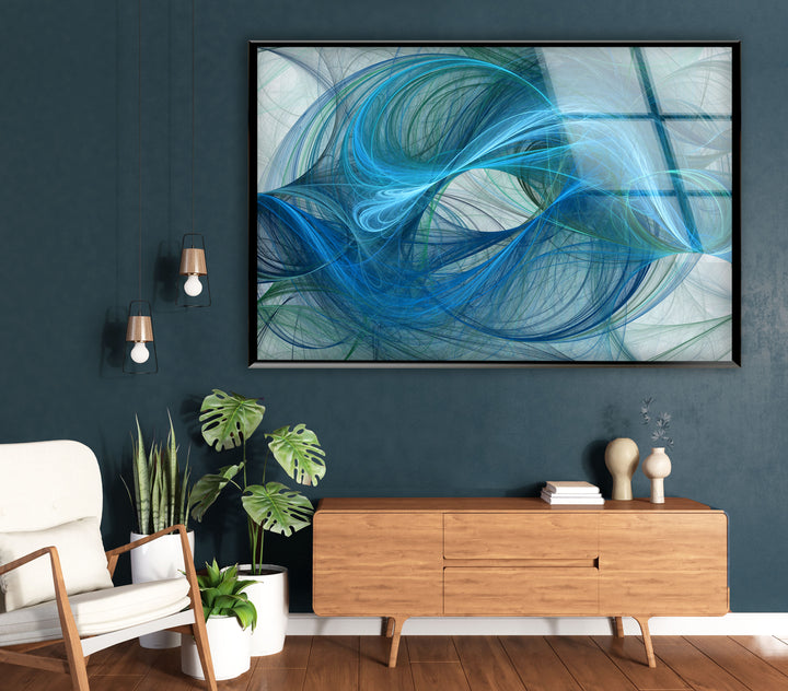 Blaue Energie Abstrakte Wandkunst – Fluid Motion Glasdruck 
