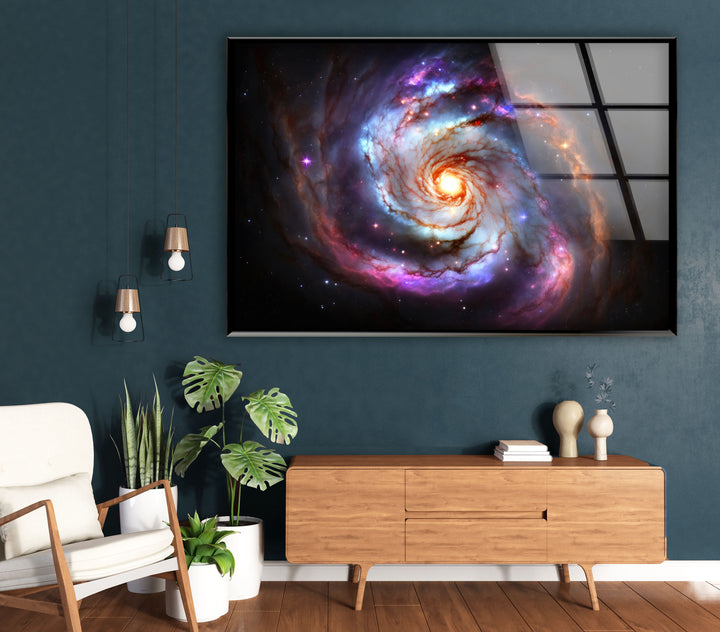 Galaktische Spirale Wandkunst – Lebendiger Weltraumnebel-Glasdruck 