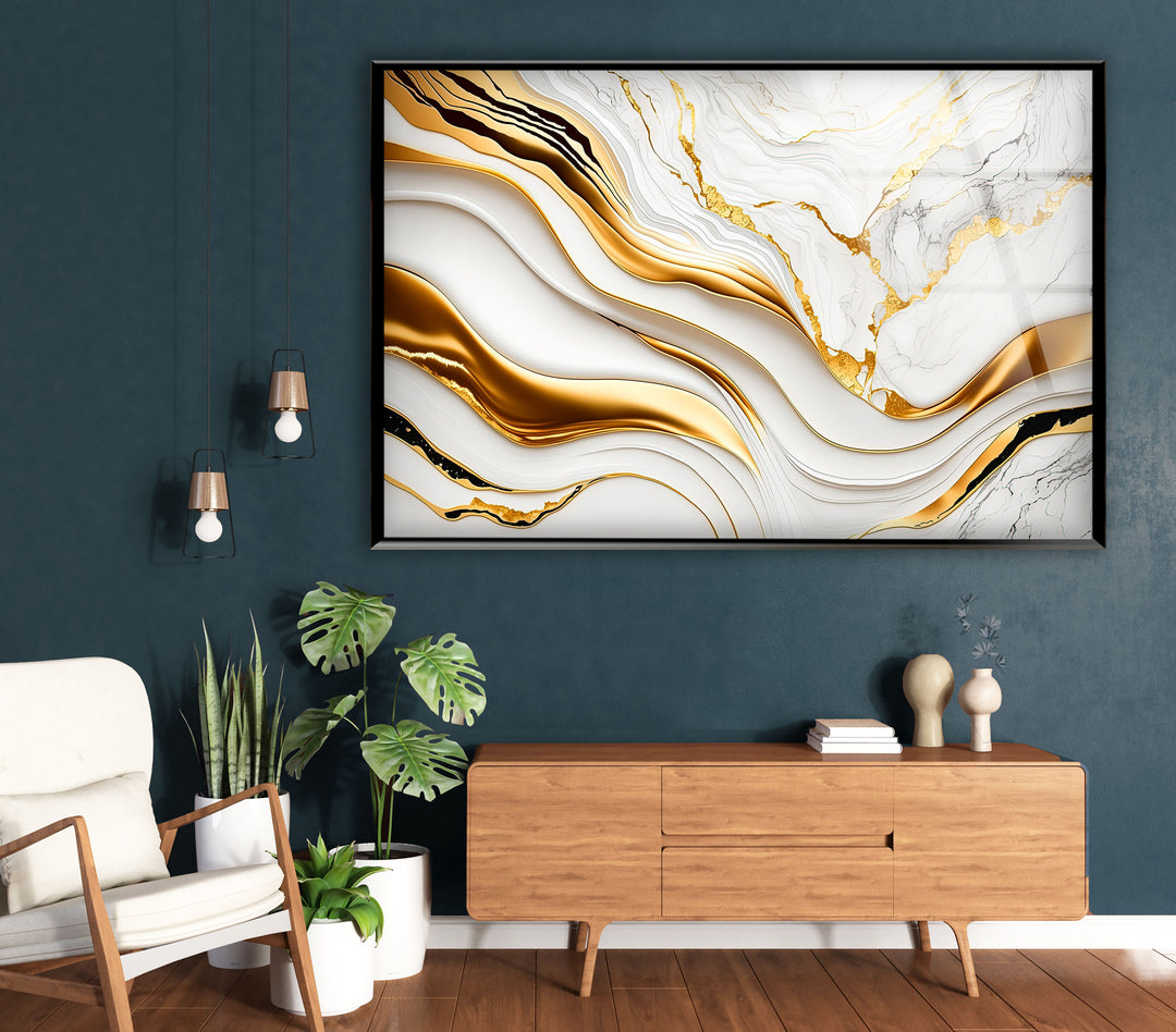 Wandkunst aus weißem und goldenem Marmor – Abstraktes Luxus-Glasdruckdekor 