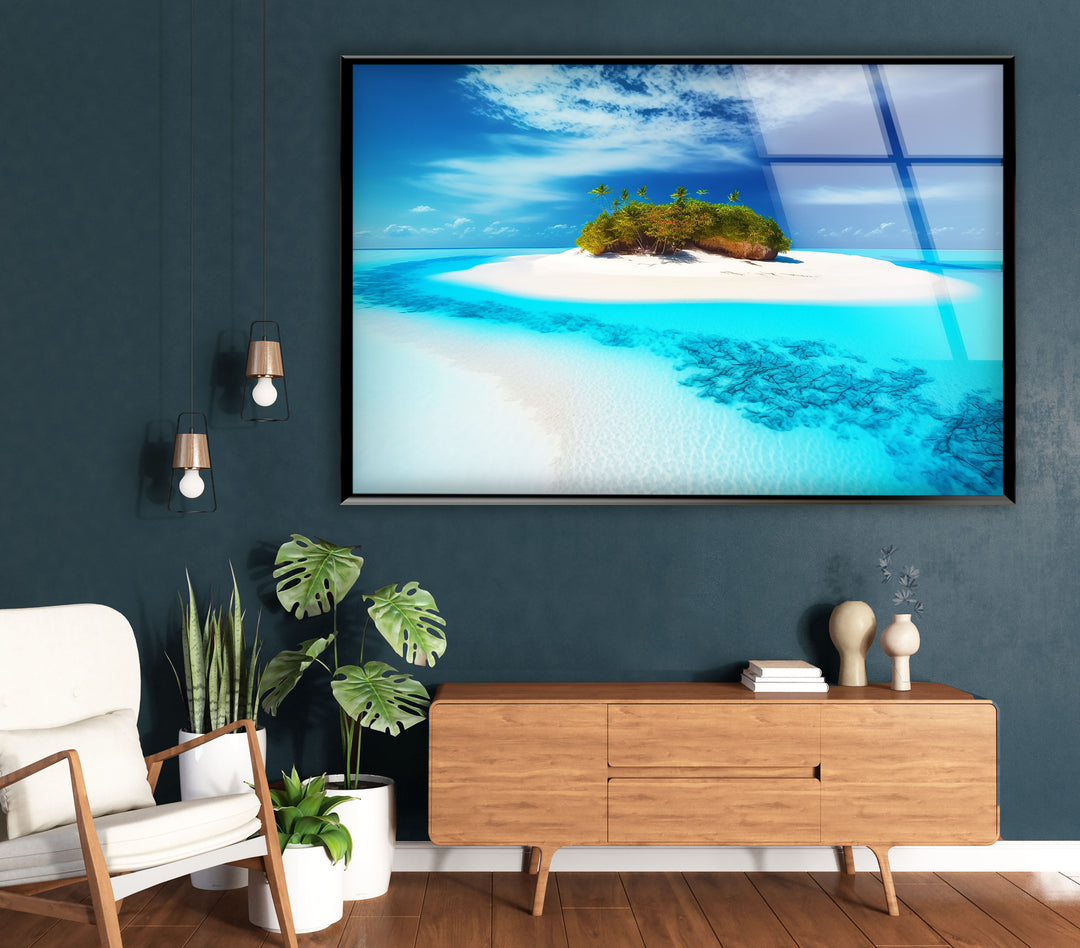 Tropische Inselflucht Wandkunst – Serene Beach Glasdruck 