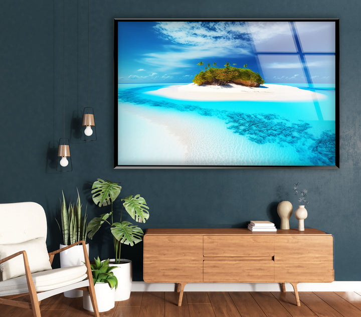 Tropische Inselflucht Wandkunst – Serene Beach Glasdruck 