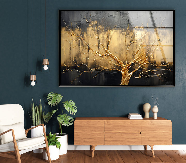 Gold Tree Wall Art – Elegant Abstract Nature Design on Glass