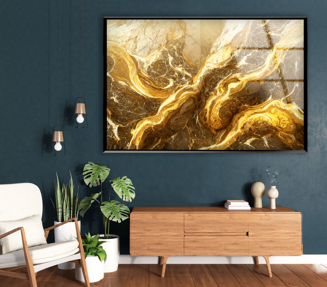 Abstrakte Wandkunst aus goldenem Marmor – Eleganter Glasdruck für Innenräume 