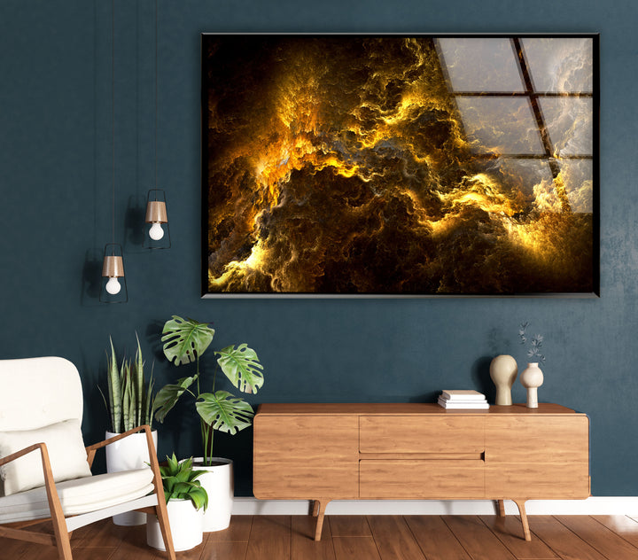 Golden Storm Nebula Wandkunst – Abstrakter kosmischer Glasdruck 