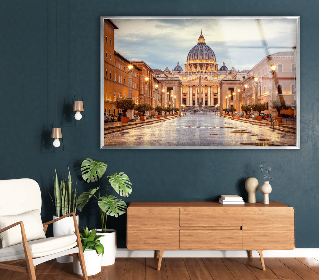 Glaswandkunst Vatikanstadt – Majestätischer Blick auf den Petersdom in der Abenddämmerung