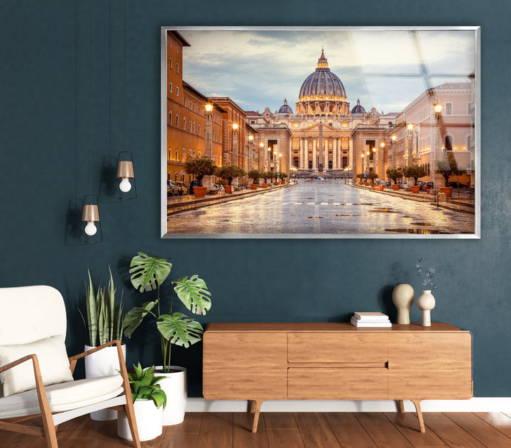 Glaswandkunst Vatikanstadt – Majestätischer Blick auf den Petersdom in der Abenddämmerung