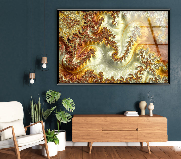 Goldene fraktale Wirbel Wandkunst – Abstrakter Spiralglasdruck 