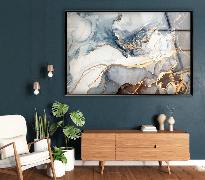 Luxury Blue & Gold Marble Wall Art – Elegant Abstract Glass Print