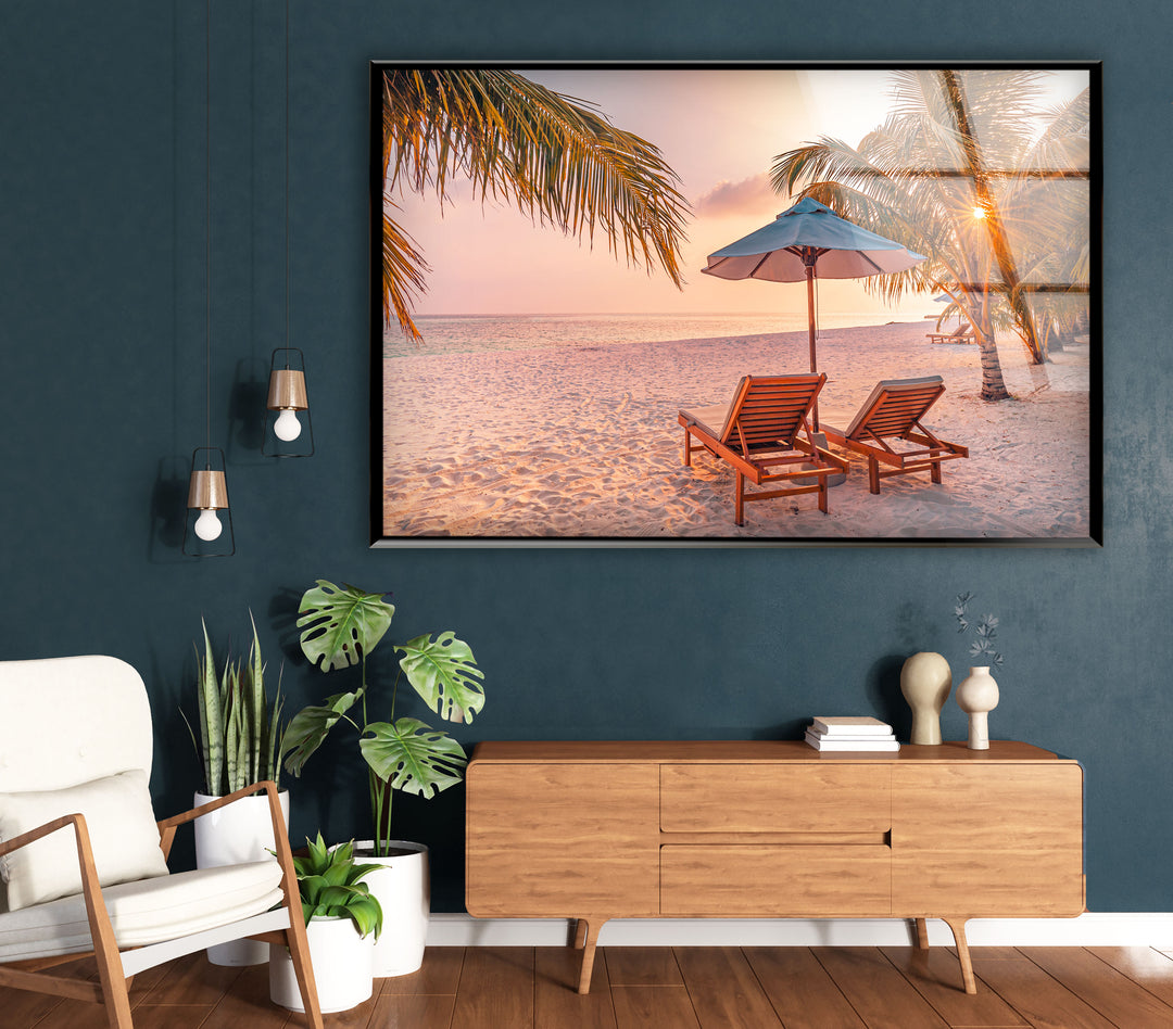 Tropical Beach Sunset Wall Art – Relaxing Seaside Glass Print