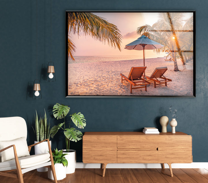 Tropical Beach Sunset Wall Art – Relaxing Seaside Glass Print