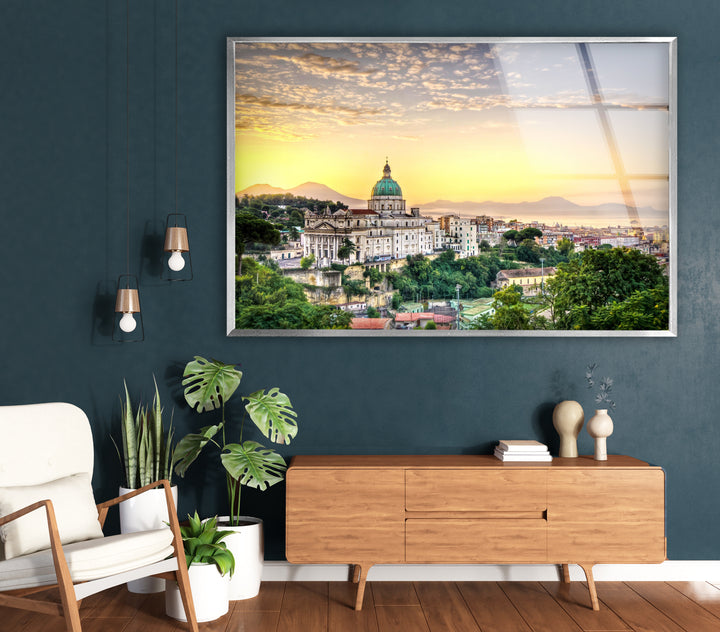 Glaswandkunst mit Blick auf die Skyline von Neapel bei Sonnenuntergang – Ikonisches italienisches Stadtbild mit Blick auf den Vesuv