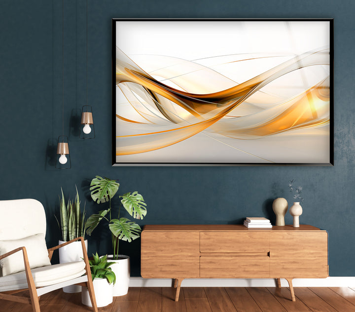 Golden Flow Abstrakte Wandkunst – Eleganter Glasdruck für modernes Dekor 