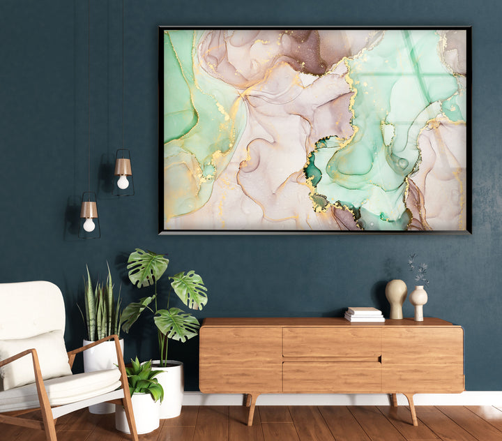 Mint & Gold Marble Wall Art – Pastel Abstract Glass Print Decor