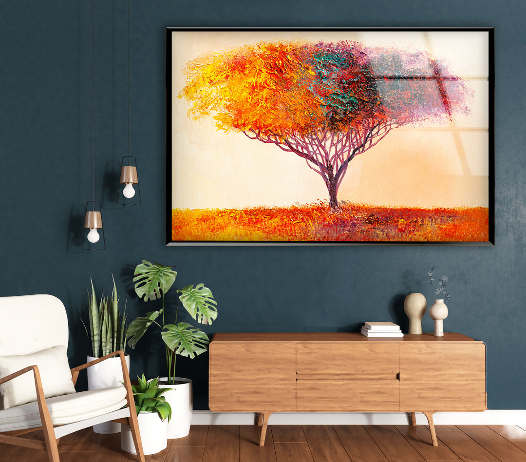Farbenfrohe Baum-Wandkunst – Lebendiger abstrakter Naturdruck auf Glas 