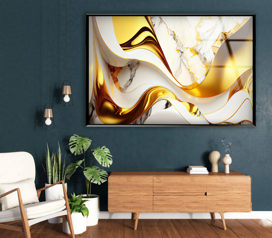 Elegant gold wave marble abstract design on premium glass printing, perfect for luxury interiors.