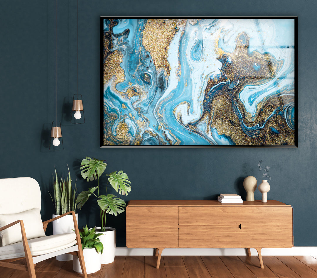 Türkis &amp; Gold Marmor Wandkunst – Abstraktes Glasdruck Dekor 
