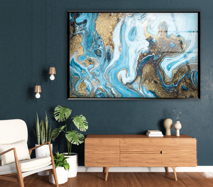 Türkis &amp; Gold Marmor Wandkunst – Abstraktes Glasdruck Dekor 