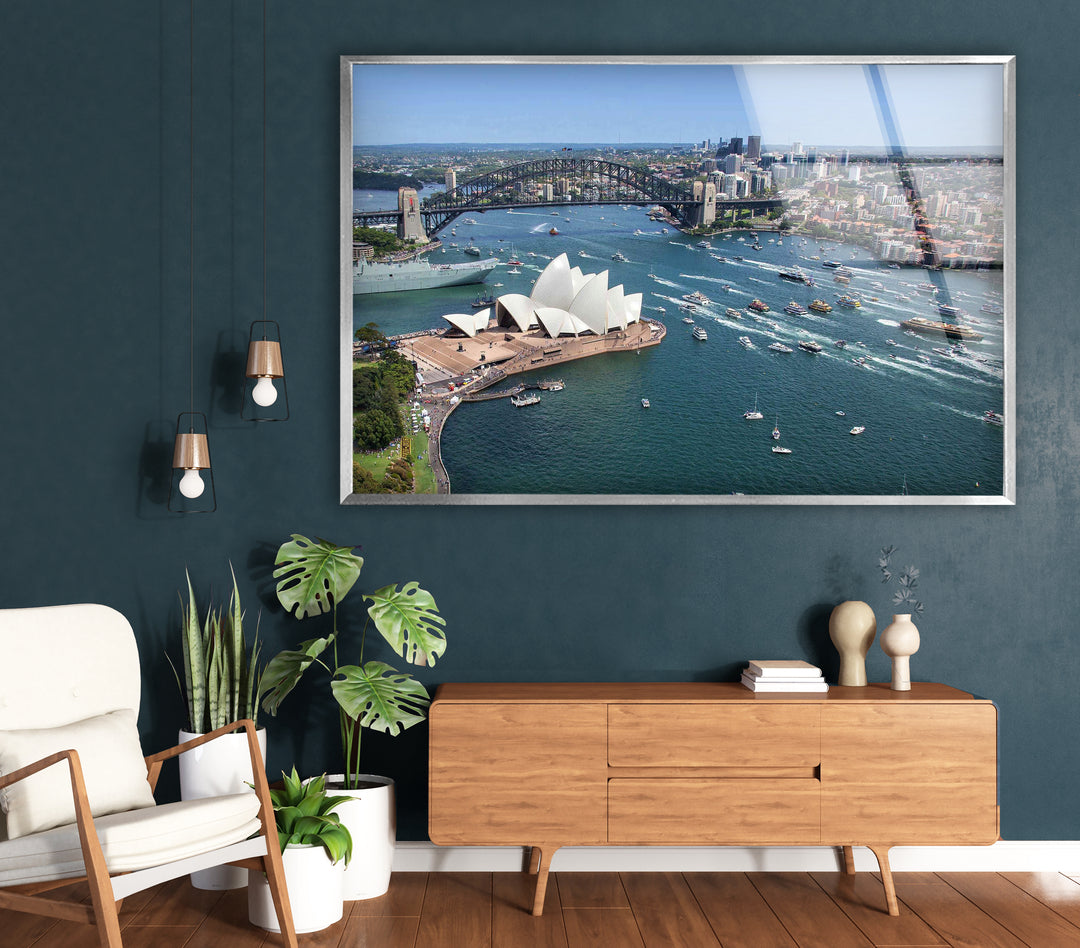 Glaswandkunst des Sydney Opera House – Ikonischer Blick auf Australiens Wahrzeichen und die Harbour Bridge