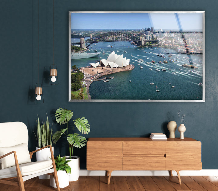 Glaswandkunst des Sydney Opera House – Ikonischer Blick auf Australiens Wahrzeichen und die Harbour Bridge