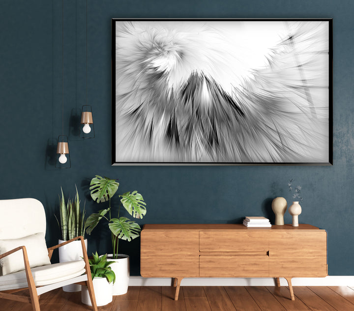 Schwarz-weiße abstrakte Wandkunst – Glasdruck mit Federtextur 