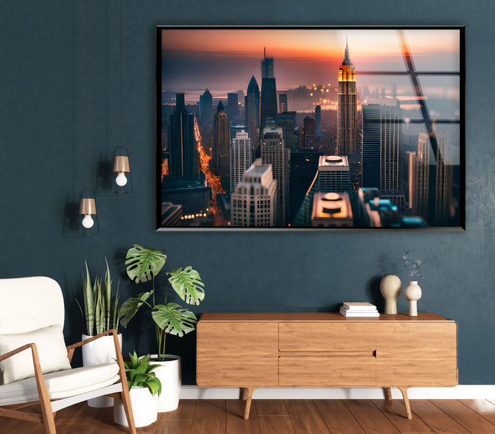 Empire State Building Wandkunst – NYC Skyline bei Sonnenuntergang Glasdruck 