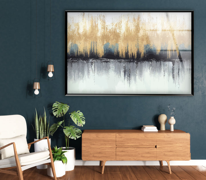 Modern Abstract Forest Wall Art – Neutral Gold Glass Print Decor