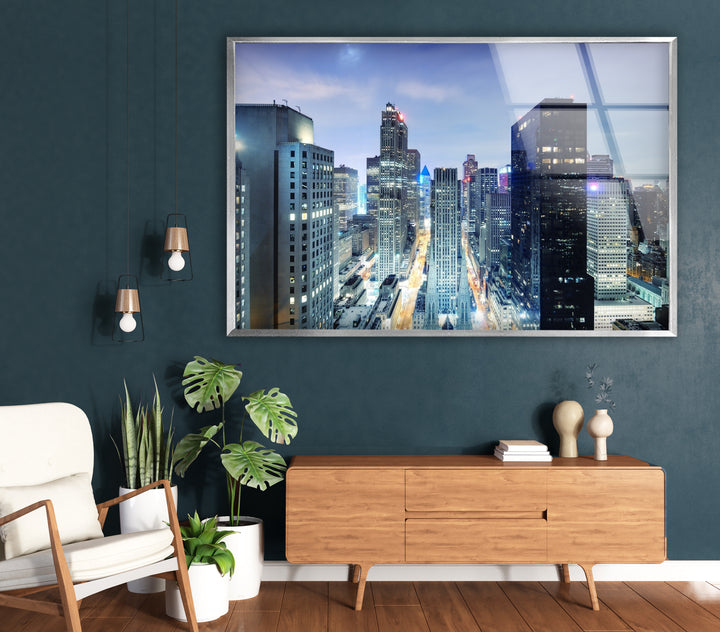 Glaswandkunst mit der Skyline von Chicago – Atemberaubender Nachtblick auf die Wolkenkratzer und Straßen der Innenstadt