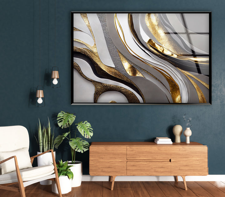 Luxuriöse Wandkunst in Silber und Gold – Abstrakter Glasdruck für Innenräume 