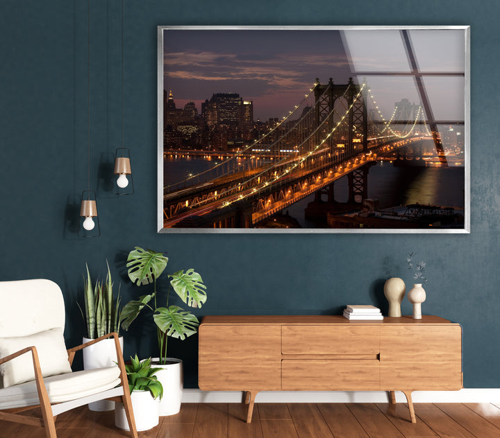 Brooklyn Bridge Glaswandkunst – Atemberaubender Nachtblick auf die ikonische