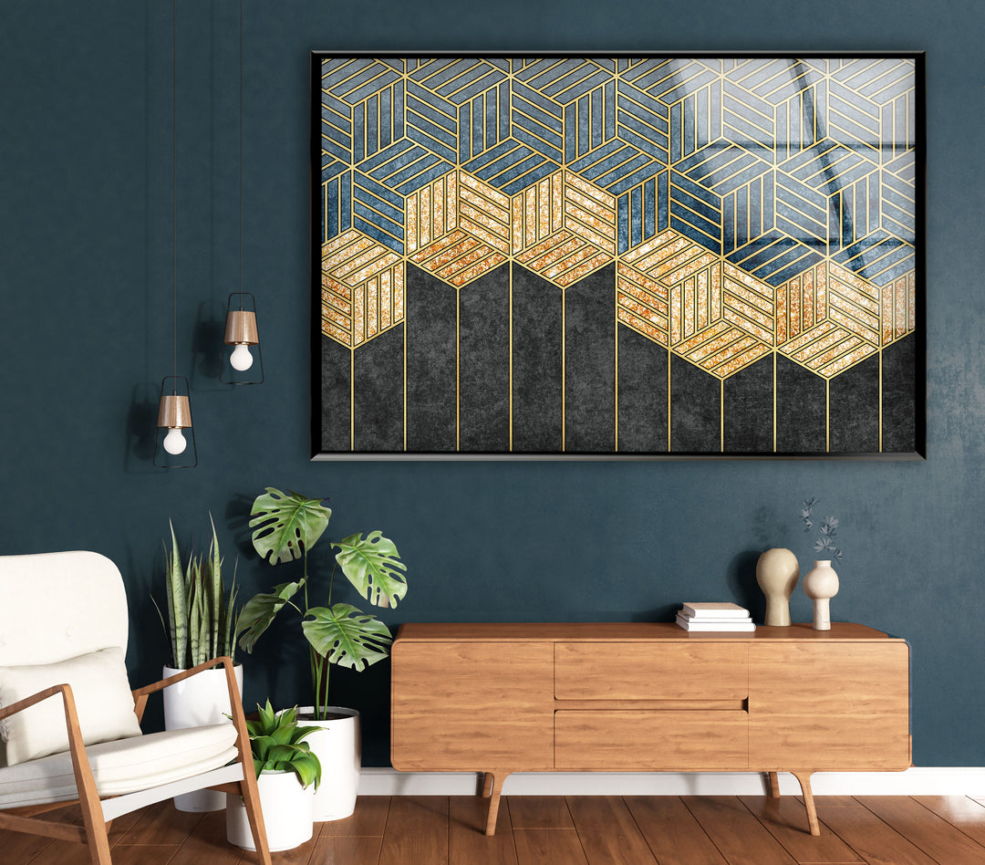 Goldene geometrische Wandkunst – Moderner Glasdruck mit Blau- und Schwarztönen 