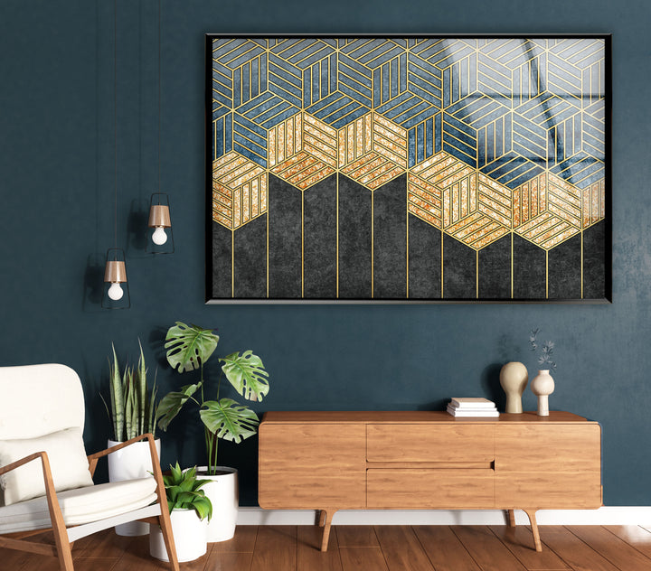 Goldene geometrische Wandkunst – Moderner Glasdruck mit Blau- und Schwarztönen 