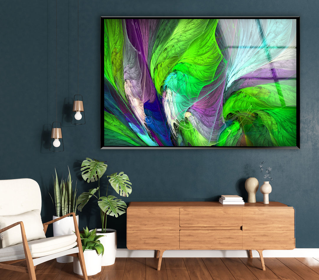 Grün &amp; Lila Abstrakte Wandkunst – Fraktale Feder Glasdruck 