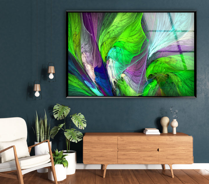 Grün &amp; Lila Abstrakte Wandkunst – Fraktale Feder Glasdruck 