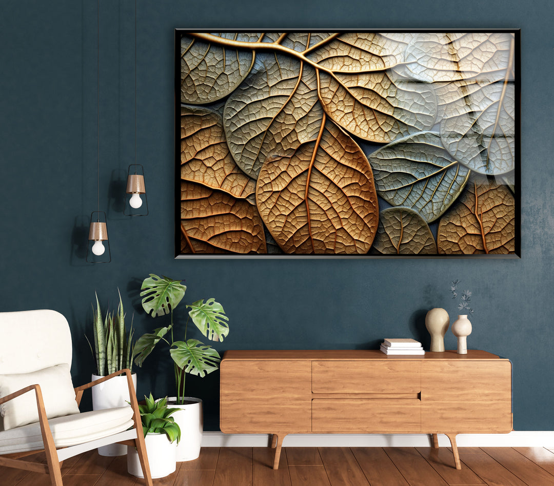 Golden Autumn Leaves Wall Art – Textured Nature Glass Decor