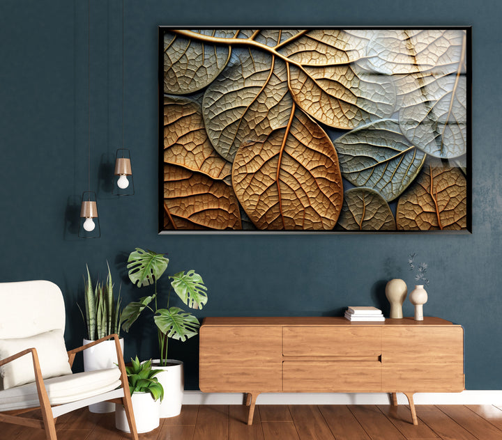 Golden Autumn Leaves Wall Art – Textured Nature Glass Decor