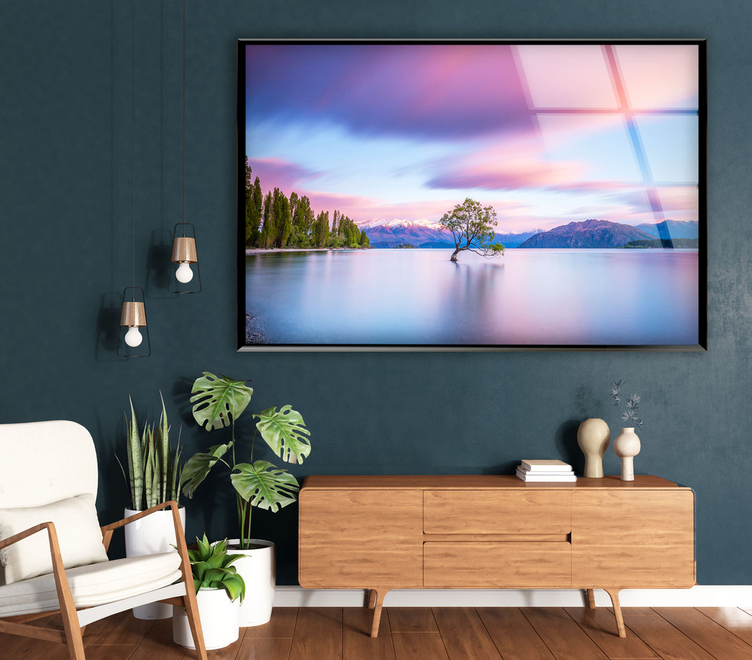 Lake Tree Landscape Wall Art – Serene Nature Scene Glass Print