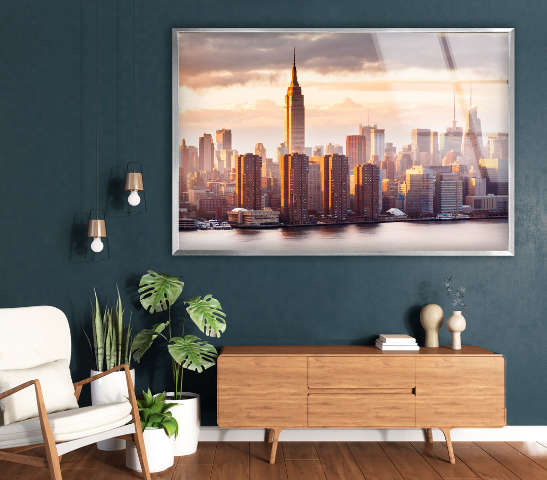 Glaswandkunst des Empire State Buildings – Atemberaubende Skyline von NYC bei Sonnenuntergang