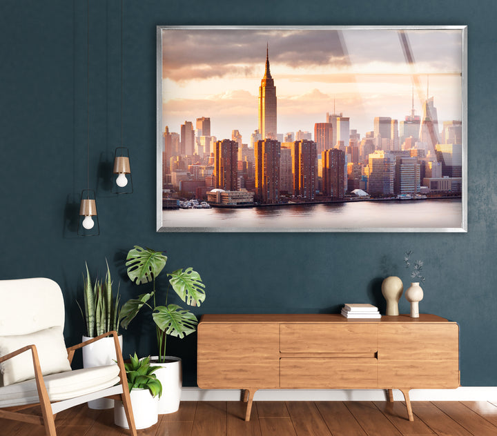 Glaswandkunst des Empire State Buildings – Atemberaubende Skyline von NYC bei Sonnenuntergang