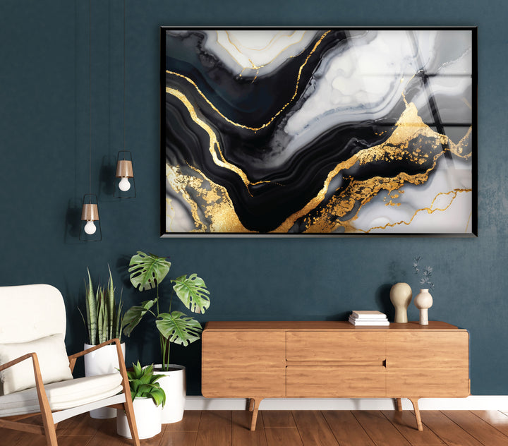 Schwarz-Gold-Marmor-Wandkunst – Luxuriöses abstraktes Glasdruck-Dekor 