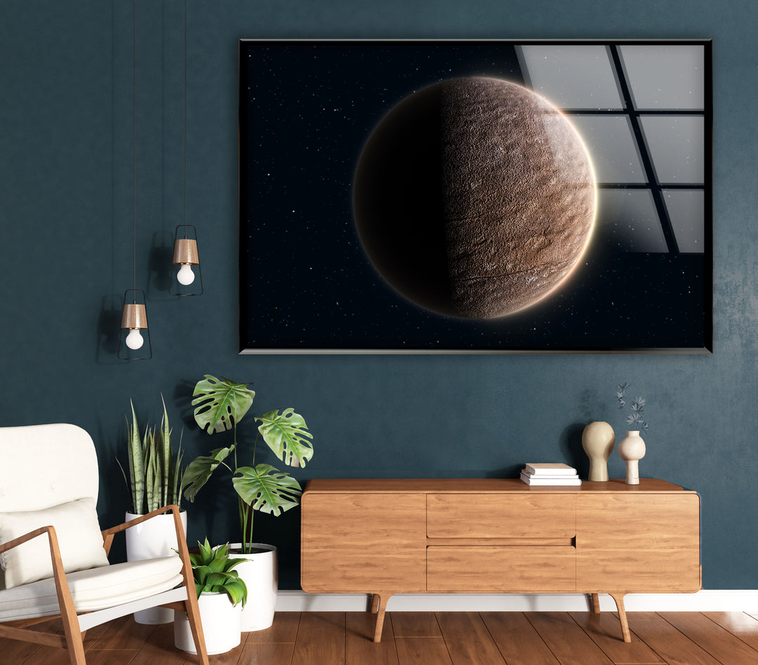 Wandkunst auf der Mondoberfläche – Minimalistischer Weltraum-Glasdruck 