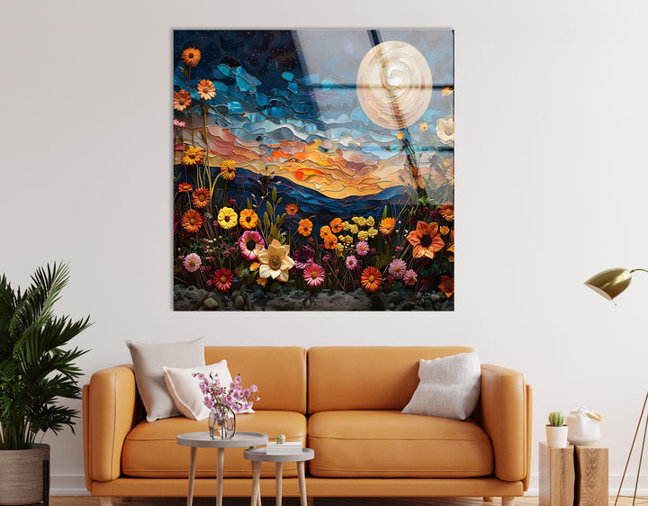 Oil Art Night Sunset & Flowers Glass Wall Art glass wall decor, glass wall art decor
