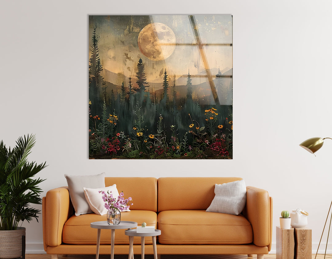 Sunset With Full Moon Glass Wall Art custom glass pictures, glass art prints
