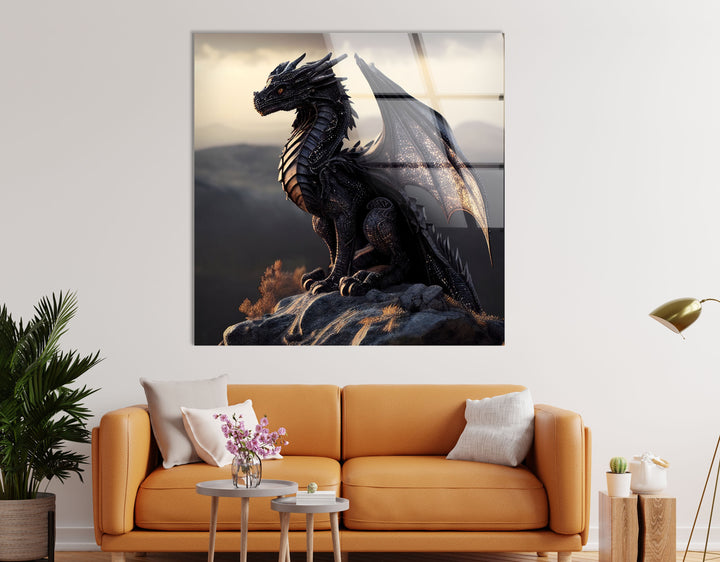 Majestic dragon basking in the golden light of a peaceful, mystical landscape.
