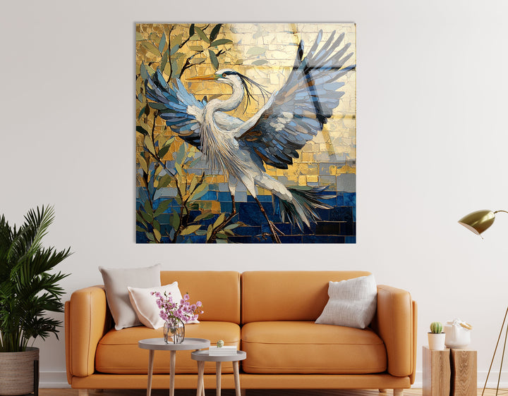 Golden Ascent – ​​Reiher im Flug – Glaswandkunst