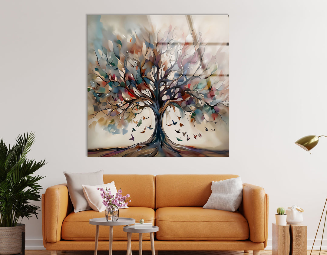 Beige Tree Glass Wall Art Glass Printing Wall Art, Print photos on glass
